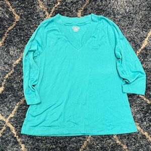 Chico's pima cotton Aqua 3/4 Sleeve V-Neck Top size 2 Large